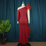 Fongt Yarn Stitching Collar Dress Dress Designer Single Sleeve Slanted Wood Ear Dress Party Dress