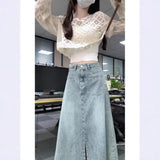 Fongt Blue Front Open Fork A Word Cowboy Half-Dress Woman Autumn High Waist Thin Design Sense Of Long Skirt