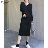Knitted Dress, Women's Autumn and Winter Slim and Slim V-neck Sweater Bottoming Skirt Dress Eam Dress White