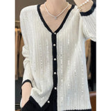 Fongt 2025 New Cardigan Women's V-Necked Squints Sweater Jacket Loose Pearl Buckle Knitting Top