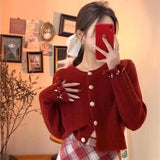 Fongt Version Autumn Winter Gentle Department Lotus Leaf Sleeve Sweet Wind Round Collar Sweater Female Design Feeling Nail Bead Knit Cardigan Jacket Tide-Outfit