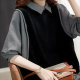 Two Pieces Plaid Pullovers Female Clothing Korean Lapel Casual Spring Autumn Commute Knitted Patchwork Loose Sweatshirts-Outfit