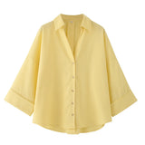 Fongt Women's Explosive Fashion Casual Linen-Blend Wide-Sleeved V-Neck Temperament Shirt