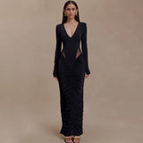 Fongt 2025 New Solid Color Long-Sleeved Deep V-Neck Sexy Folded Empty Bag Dress Dress Woman