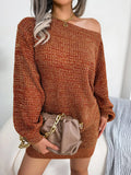 Autumn And Winter Leisure Word Collar Shoulder Color Lantern Sleeve Knitted Sweater Skirt Burst