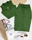 Fongt New Women's Wear Sleeveless Round Collar Splicing Belt Pocket Slit Short Skirt Two-Piece