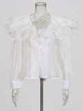 Fongt Fashion High-End Feel Top 2025 Autumn New Collar Splicing Lotus Leaf Edge Slim Thin Shirt