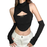 Fongt 2023 New Women's Solid Color Sexy High Neck Sleeveless Hollow Out Crop Vest-Outfit