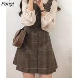 Cute Mini New Year Date Dresses Sleeveless Vest Women Korea Japanese Style Design Retro Vintage Plaid Button Shirt