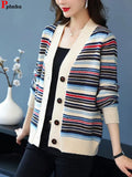 Striped Knit Cardigan Slim Elegant Knitwears Coat Casual Soft Malhas Casaco V-neck Tops Jackets New Woman Sweater