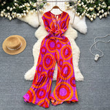 Fongt Ins Wear A Female Senior Sense Sleeveless V-Neck Tie Strap To The Belt Print Loose Broad Legs 100-Folded Jump-Fitting Trousers