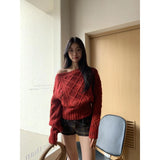 Fongt Year's Christmas Red Tlings Bare Shoulder Flower Sweater Autumn And Winter Thick Temperament Short Knitted Shirt Top