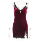Dark Vintage Gothic Emo Black Women Mini Dresses Grunge Punk Velvet Bodycon Party Strap Dress Lace Sexy Slit Hem