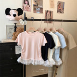 Fongt Lace Spliced Under Hem Short Sleeve Lace T-Shirt Summer New Slim White Collar Showing Thin Bottom