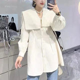 Lady Sailor Collar Shirt Korean Loose Spring Autumn Sashes Commute Female Clothing Single-breasted Casual Basic Blouse-Outfit