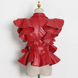 Casual Patchwork Leather Coats For Women Lapel Ruffles Sashes Short Slim Jackets High Street Female 2022 Spring