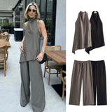 Fongt Women's ZA Hanging Neck Collar Minimalist Asymmetrical Top With Trousers Set