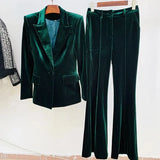 QUALITY Newest Fall Winter 2023 Designer Suit Set Women's Single Buttons Velvet Blazer Flare Pants
