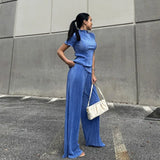 Fongt 2023 Summer New Thin T-Shirt High Waist Blue Pleated Floor Pants Casual Women's Fashion Suit-Outfit