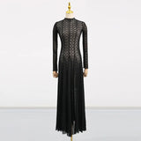 Fongt Temperament Dress Women's New Spring 2025 New Standing Collar Mesh Half-Perspective High-End Long Sleeve Swing