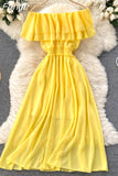 Women Casual Dress Double Layer Ruffled Off Shoulder Slash Neck Chiffon Dresses Woman Summer Midi Dress Vestidos
