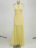 New Solid Color Sexy Hanging Neck Mesh Splicing Dress High-End Temperament Open Dress Dress