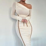 Fongt 2024 The New Women's Long Sleeve Mesh Splicing Inclined Shoulder Long Temperament Pleated Dress