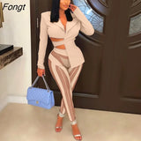 Women Solid Blazer Suit 2 Piece Sets Notched Long Sleeve Lace Up Bandage Asymmetrical Top Sheer Mesh Patchwork