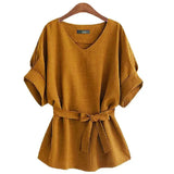 Size M-6XL Women Loose Short Sleeves Blouses 2022 New Fashion Summer Casual V-Neck Lace Up Bow Solid Color Tops Hot