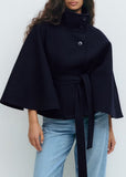 Fongt Women's Autumn And Winter New Fashion Pure Color Cape Collar Collar Belt Wind Coat