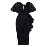 Fongt Summer Sexy V-Necked Lotus Leaf Side Open Nail Bead Party Dress Famous Temperament Banquet Dress