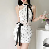 Fongt New Women's Dress Hanging Neck Exposed Back Bow Wave Dot Hip Dress-Outfit