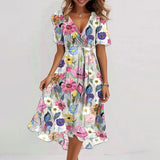 Fongt Summer New Loose Leisure Shuya V Collar Crumped New Hot Print Dress.