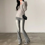 Solid Color V-Neck Elastic Knitted Tee-Outfit