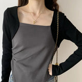 And Winter Color Positive Shoulder Fake Two Square Collar Blouses Women's Spring And Autumn Splicing Irregular Design Feeling Bottom Short