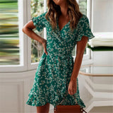 Dresses Summer 2021 Sexy V Neck Floral Print Boho Beach Dress Ruffle Short Sleeve A Line Mini Dress Wrap Sundress