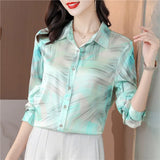 Women's Shirts Fashion Long Sleeve Sweet Printed Clothing Female 2023 Silk Polo Neck Button Up Tops Women Basic Blouse