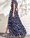 Fongt Spot 2023 Summer New Women's Fashion V-Neck Short Sleeve Side Slit In The Long Polka Dot Dress-Outfit