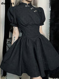 Dark Chinese Style Vintage Cheongsam Dresses Mall Gothic Jacquard Elegant Black Women Dress Puff Sleeve Grunge Alt