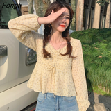 Women Summer Floral Leisure Pleated Design Kroean V-Neck Ruffles Retro French Romantic Long Sleeve Crop Tops Lady