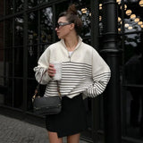 Fongt 2025 New Women's Simple Fashion Gentle Stripe Collar Half-Open Zipper Knitted Sweater Woman