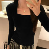 Retro Style Pure Desire Square Collar Slim Long-Sleeved Pullover Sweater With Sexy Bottom In Autumn And Winter-Outfit