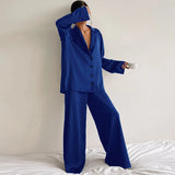 European and American women's home clothes long-sleeved suit imitation silk shirt thin trousers two-piece pajamas women-Outfit