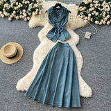 Fongt Age-Down Suit Women's Summer Ripe Wind Folds Back-Clip-Free Denim Blouse + High Waist Half