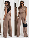 Fongt Faitry Face Solid-Colored Collared Folded Fork Vest Top Broad Leg Trousers Set Summer