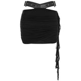 Fongt Leather Suit PU Leather Splicing Waist Tsets Hollow Folding Net Lace-Uped Ass Skirt