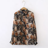 New Arrival Women Floral Embroidery Lantern Sleeve Chiffon Blouse Button Up Transparent Shirt Casual Sunscreen Tops