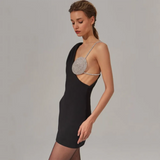 Long One Sleeve Rhinestone Cup Mini Dress-Outfit