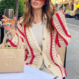 2022 Autumn Knitted Long Sleeve Cardigan Women Red Stripe Loose V Neck Oversized Sweater Tops Fashion Casual