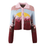 Fongt Women's New Color Print Short Long-Sleeved Knitted Cardigan Sweater 7297